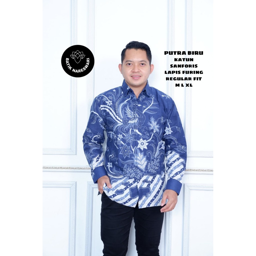 PUTRA BIRU BATIKSOLOAMANAH NARESWARI KEMEJA BAJU BATIK PRIA SOLO LENGAN PANJANG PENDEK LAPIS FURING ATASAN BATIK PREMIUM MODERN KATUN HALUS SEKAR MANUK PUSPO WARNO MAHKOTA PERWIRO OMBAK BANYU PEKSI TARUNG NARAYANA KAWUNG SEKAR MANUK KEMBAR WICAKSONO VIJAY