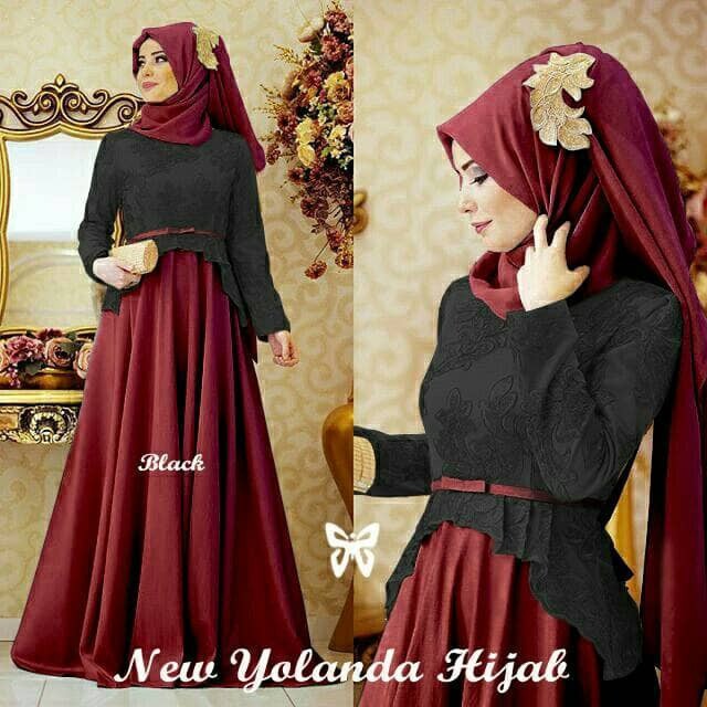 DeltaRA Yolanda Hijab Black Maroon Busana Muslim Wanita Gamis Terbaru