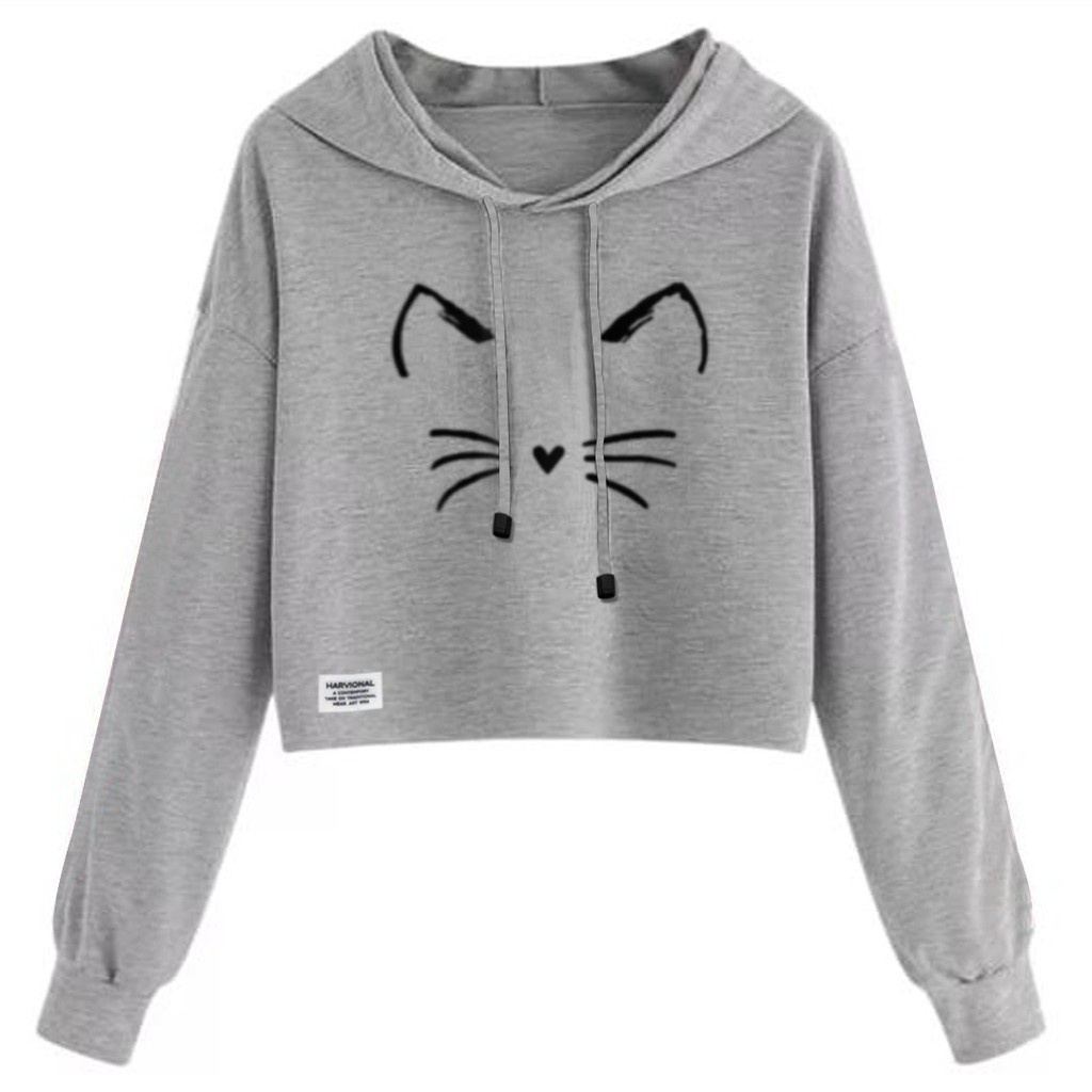 SWEATER CROP HOODIE BAHAN BEBYTERRY KUCING TANPA MUKA TERLARIS