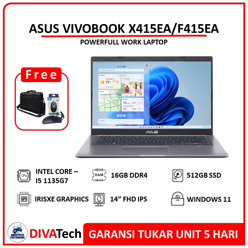 Asus Vivobook X415EA/F415EA i5 1135G7 16GB 512GB IrisXe 14FHD IPS W11 | Laptop Asus