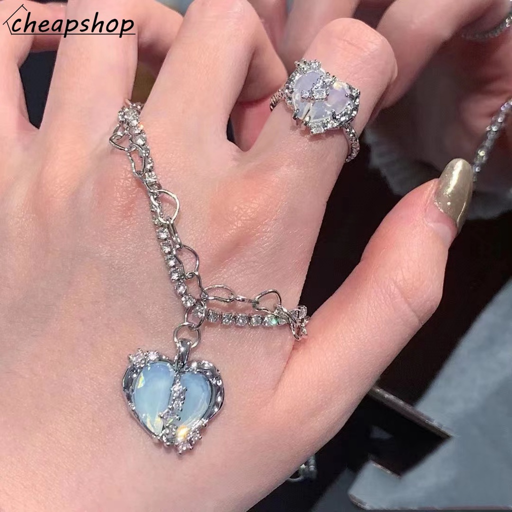 IFYOU Kalung Cincin Jari Ganda Bahan Zircon Warna Silver Gaya Korea Untuk Wanita