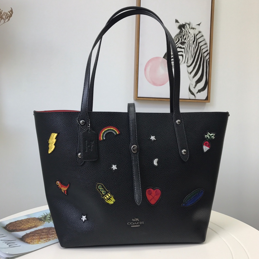 [Instant/Same Day]coach 57077 Embroidered Pattern Tote Bag Versatile Black   gwd