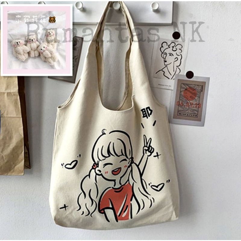 Totebag Vintage Populer Tas Tote-Cewek angkat tangan