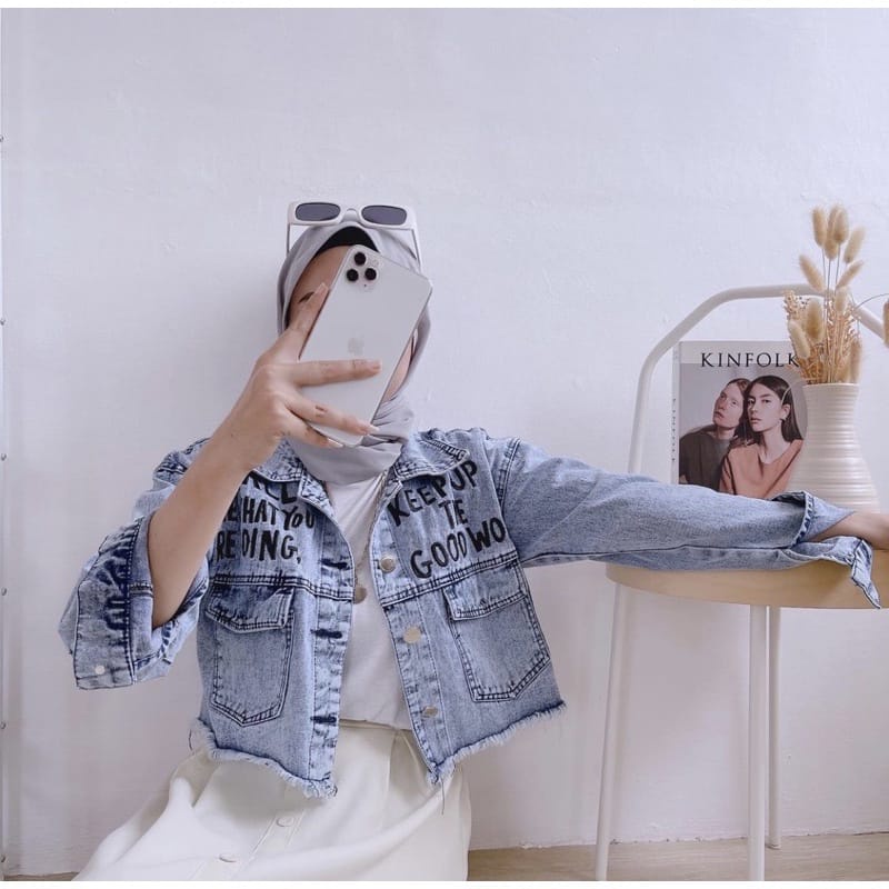 Jaket Jeans Oversize LD 110 - 150 // Jaket Jumbo Saku Wanita Sandwash Denim Premium-MENTARI LD100