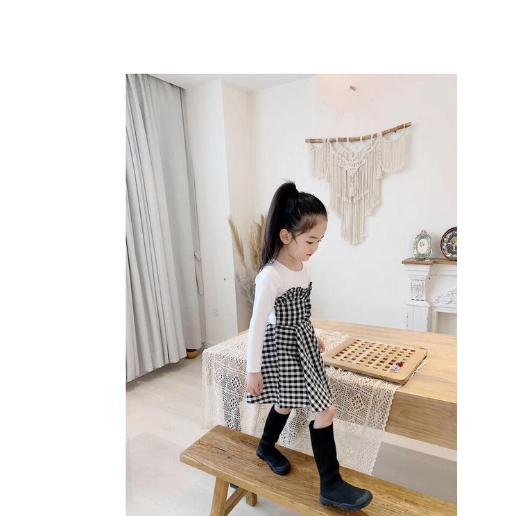 Baju anak perempuan import / Dress anak import lengan panjang putih kotak SMBO