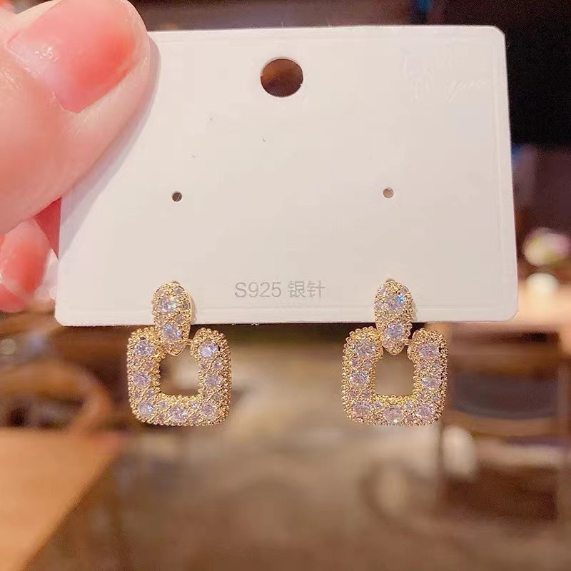 Anting Tusuk Gantung Desain Geometri Hias Berlian Gaya Jepang / Korea / Perancis / Simple / Elegan Untuk Wanita