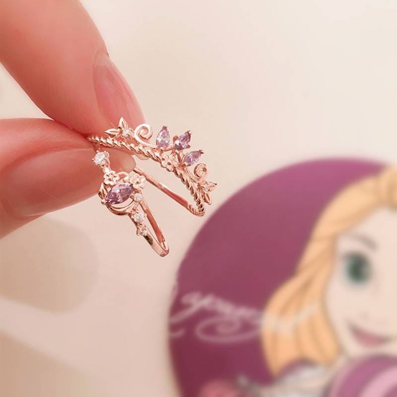 Set Perhiasan Cincin Kalung 925 Silver Batu Mahkota Princess Disney 18K Rose Gold Model Terbuka Dapat Disesuaikan