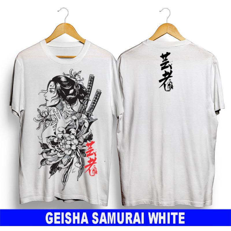 BAJU T-SHIRT KAOS PRIA JEPANG GEISHA SAMURAI PUTIH