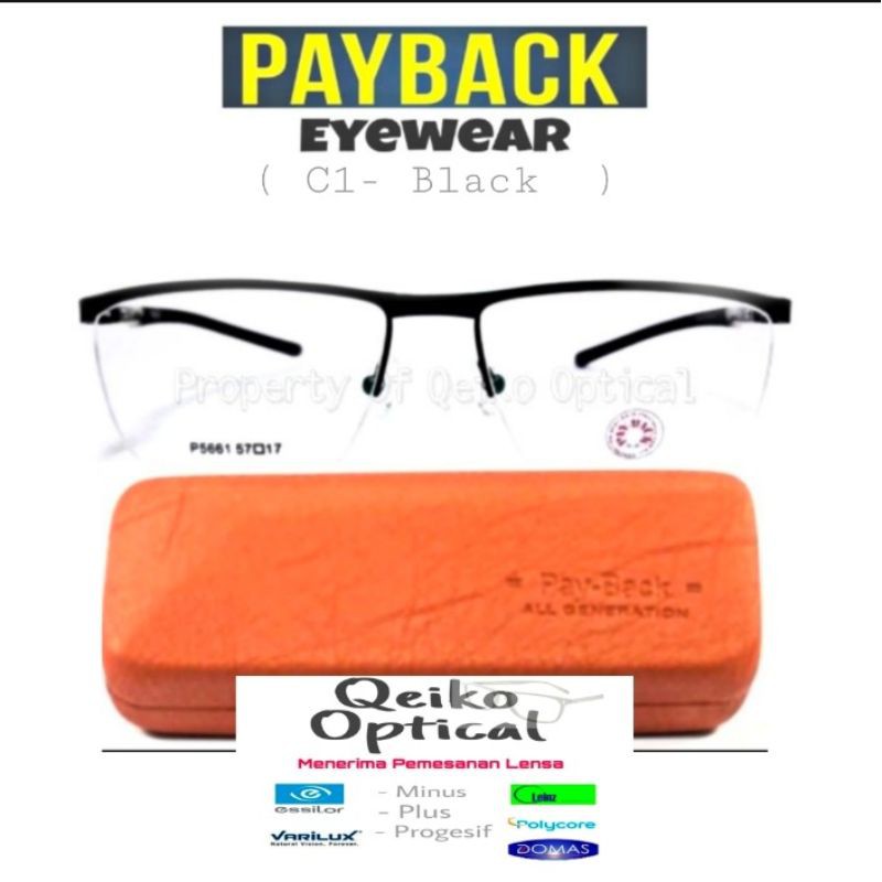 Kacamata Frame Titanium Metal Half Payback C1- S 57 Original - Size Lebar - Black