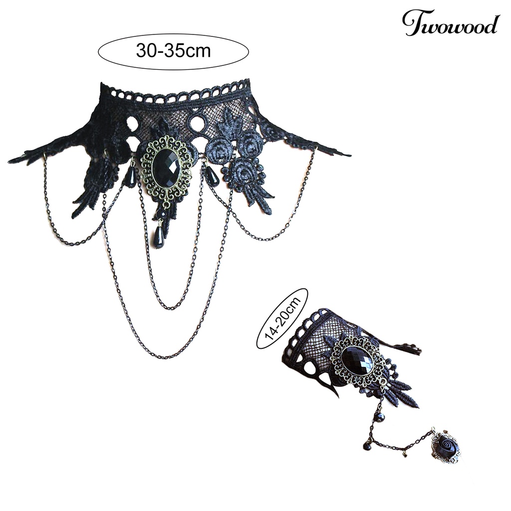 Twowood Lace Flower Faux Gem Necklace Bracelet Earrings Wide Gothic Punk Style Choker Necklace Bracelet Jewelry Accessory