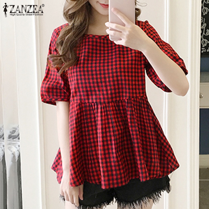 ZANZEA Women Summer Fashion Short Sleeve O-Neck Grid Printed Plus Size Loose Blouse