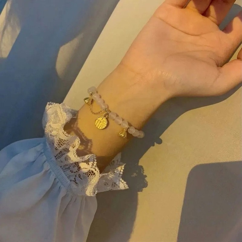 Gelang Tangan Fashion Gaya Korea Aksen Batu Giok + Lotus Keberuntungan Untuk Perhiasan Wanita