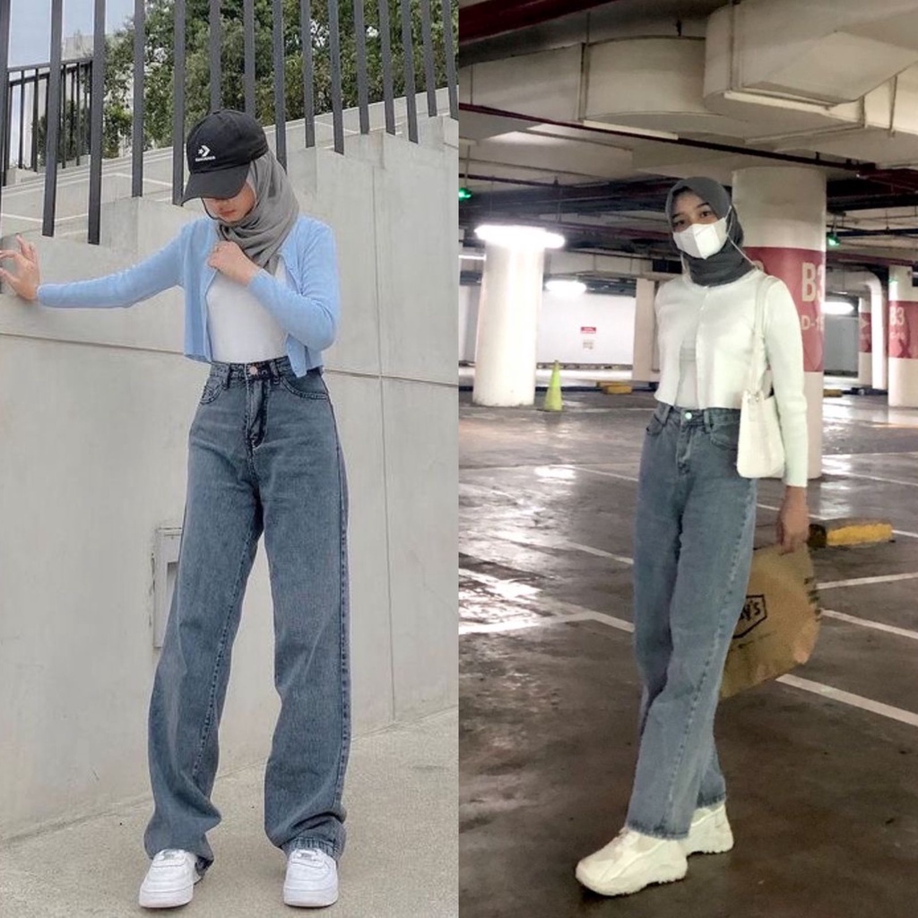 J Boyfriend loose snow black korean wanita celana boyfriend panjang highwaist warna snowblack acid s