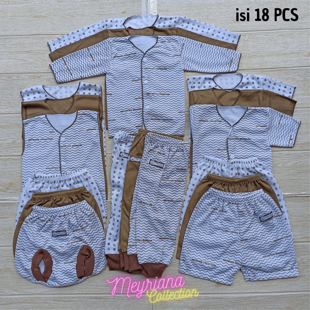 Paket Lengkap Hemat Kelahiran 18 PCS Baju Celana Bayi Baru Lahir Seri Coklat Motf Garis Gerisi dan Polos Coklat