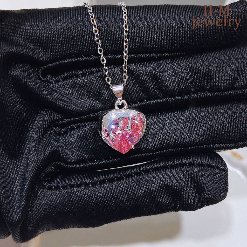 Kalung Liontin Bentuk Hati Warna Pink Bahan Zirkon Untuk Perempuan