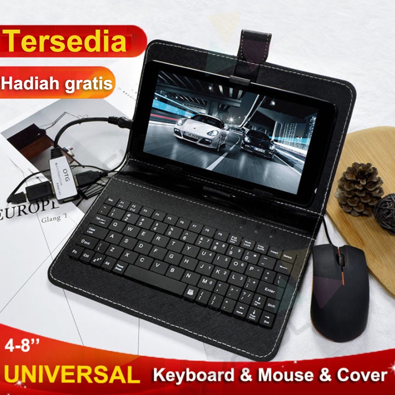 Kit Keyboard dan Mouse Berkabel untuk Tablet Ponsel Kompatibel Sistem OTG Android 4-8 Inci dengan Penutup PU Universal