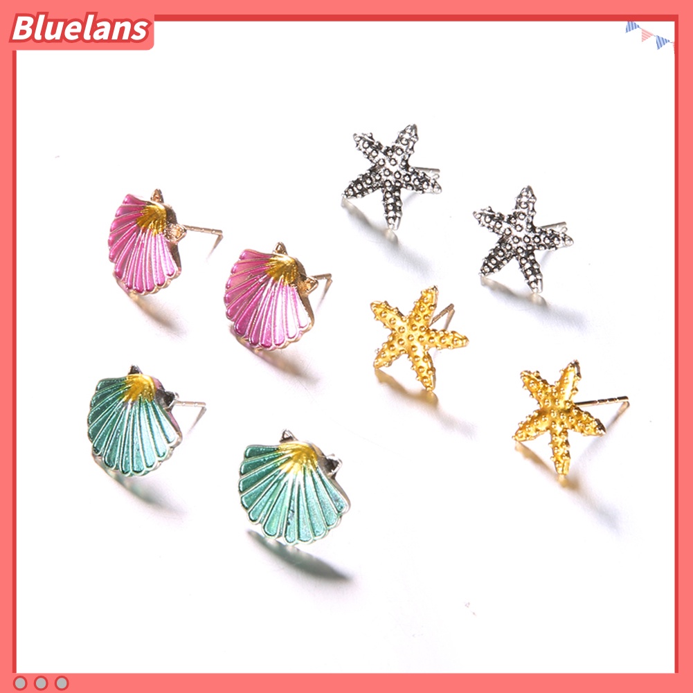 Bluelans 4 Pairs Boho Women Starfish Shell Stud Earrings Set Summer Jewelry Accessories