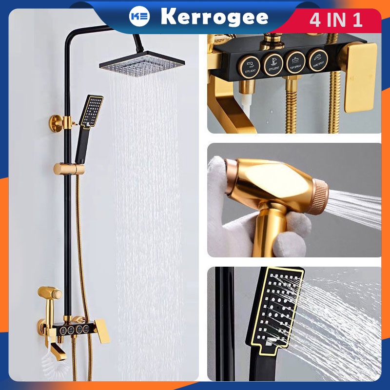 KERROGEE Shower Kamar Mandi Full Set Tembaga 4 Dalam 1 Shower Set Panas-Dingin Dengan Faucet /Emas Hitam Shower Mandi Set Dengan Bidet Sprayer  Nama