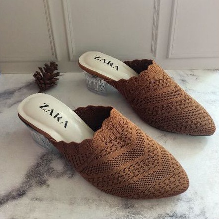 Sandal Slop Hak kaca ZARA Hells rajut Cewek Tinggi 5cm Sendal Kondangan Zara