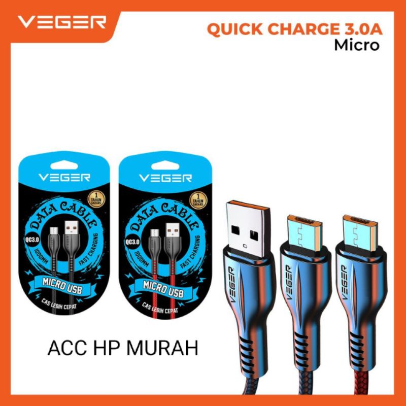 Kabel data VEGER MICRO USB QC3.0 VG18 biru super speed fast charging