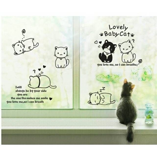 RELIZA WALL STICKER LOVELY BABY CAT KUCING LOVE HITAM AY9048 STIKER DINDING