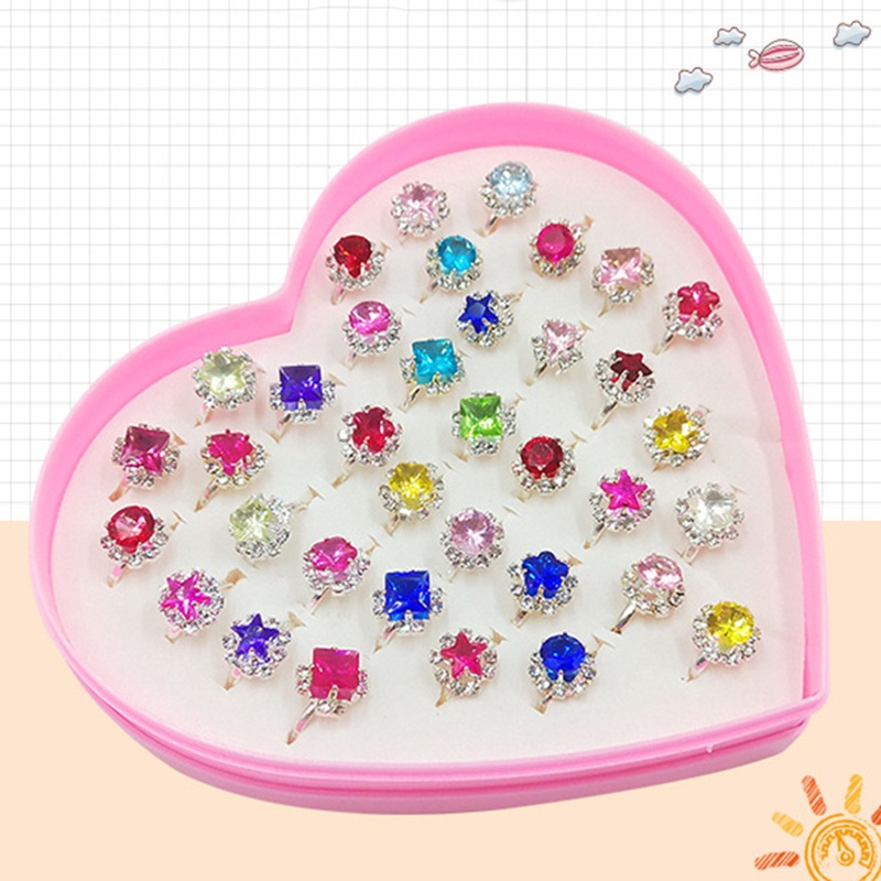 Siy 12 / 36pcs / Kotak Cincin Alloy Adjustable Motif Kartun Hati Untuk Anak Perempuan / Pesta Ulang Tahun