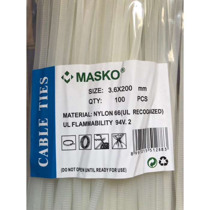 

ORGANIZER-DOCUMENT- KABEL TIES TALI SABUK 200MM 3,6 X 200 MM 20 CM ISI 100 PCS MERK MASCO - PUTIH