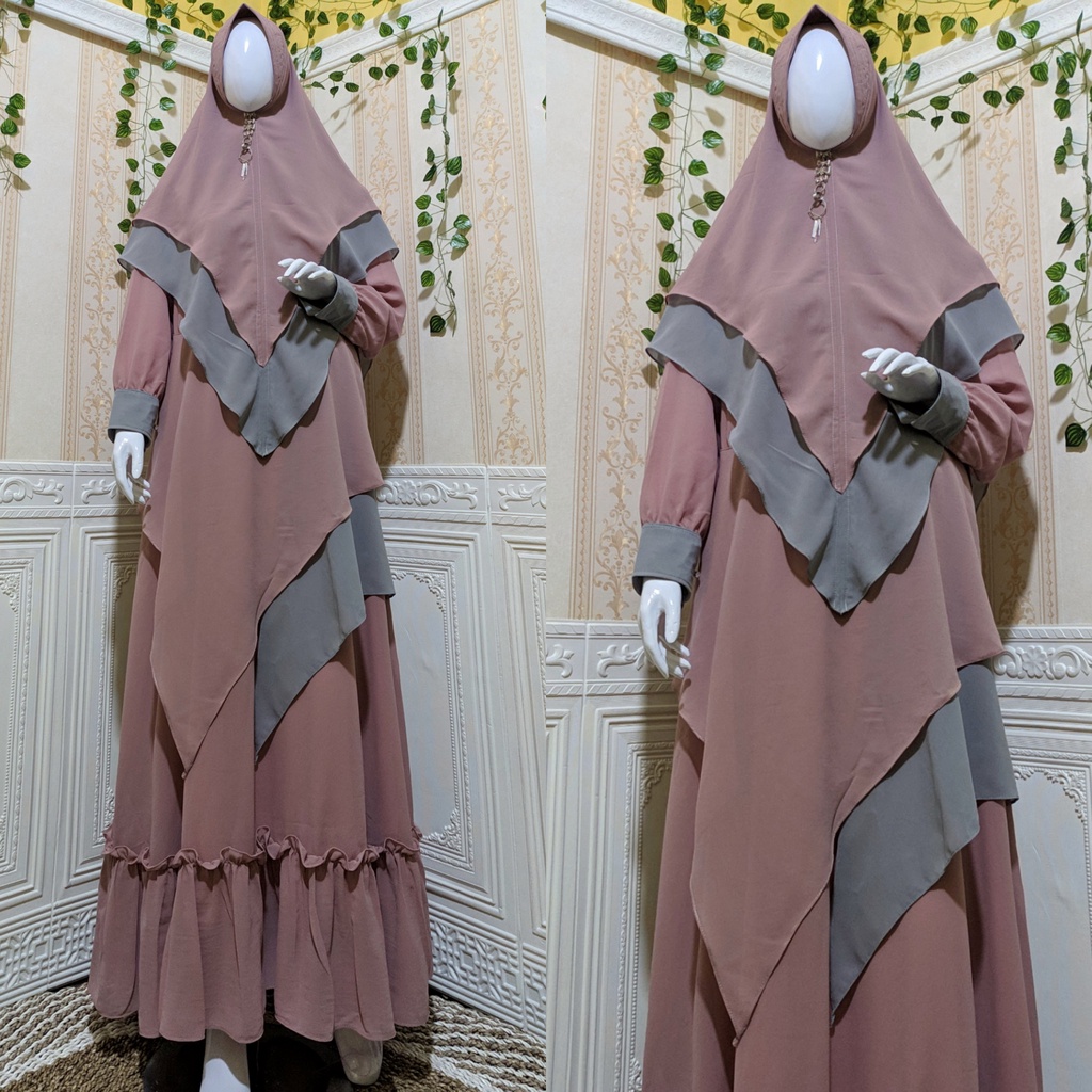 Gamis syari ceruty set khimar Gamis wanita remaja ibu ibu jumbo mewah Gamis terbaru kekinian-1