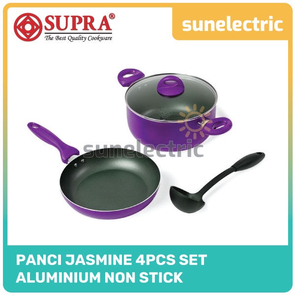 Supra Jasmine 4 Pcs Set Panci Wajan Penggorengan Teflon Anti Lengket Non-Stick Coating + Tutup Kaca 