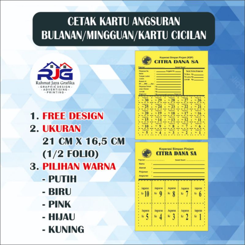 

KARTU ANGSURAN MINGGUAN/BULANAN / KARTU ANGSURAN BARANG /KARTU CICILAN 1pak isi (100 lmbr) BAHAN HVS WARNA BISA RIQUES