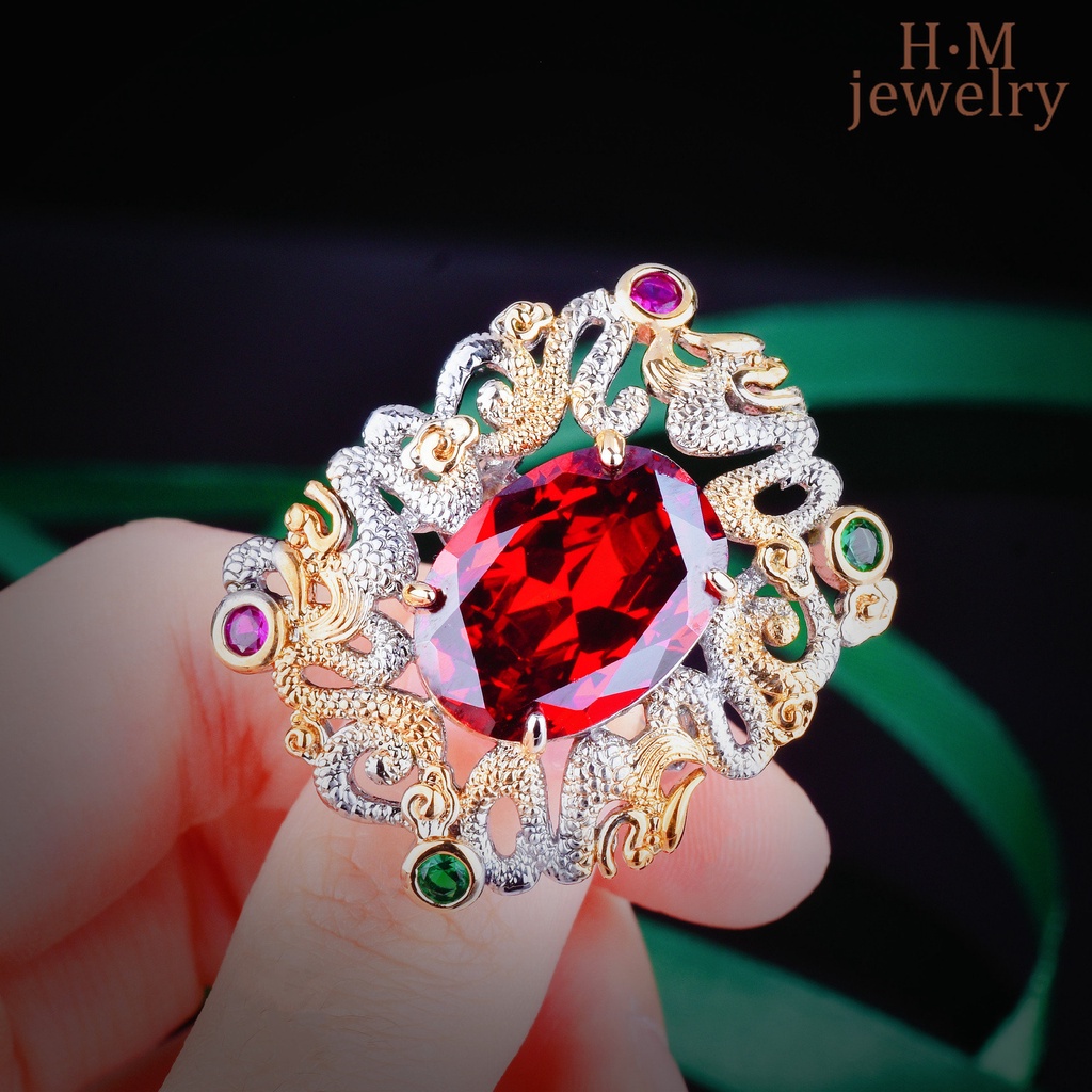 Cincin Model Terbuka Desain Ukiran Naga Merpati Merah Darah Warna Emas Gaya Vintage