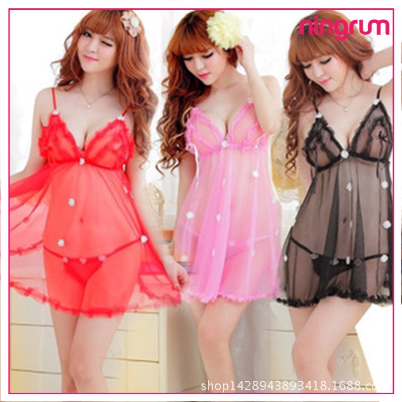 Ningrum Pakaian Dalam Wanita Lingerie Sexy Bahan Lace tipis kerah deep-V neck open lace lingerie - 4010