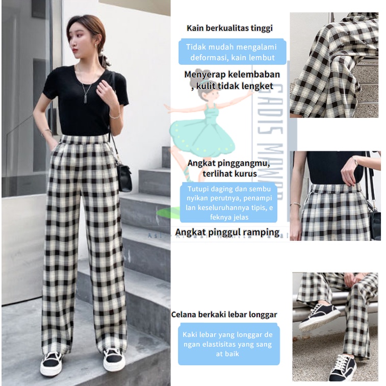 Kotak-Kotak Model Longgar Highwaist celana tartan wanita Celana Wanita Kekinian Korea Celana Kotak Kotak