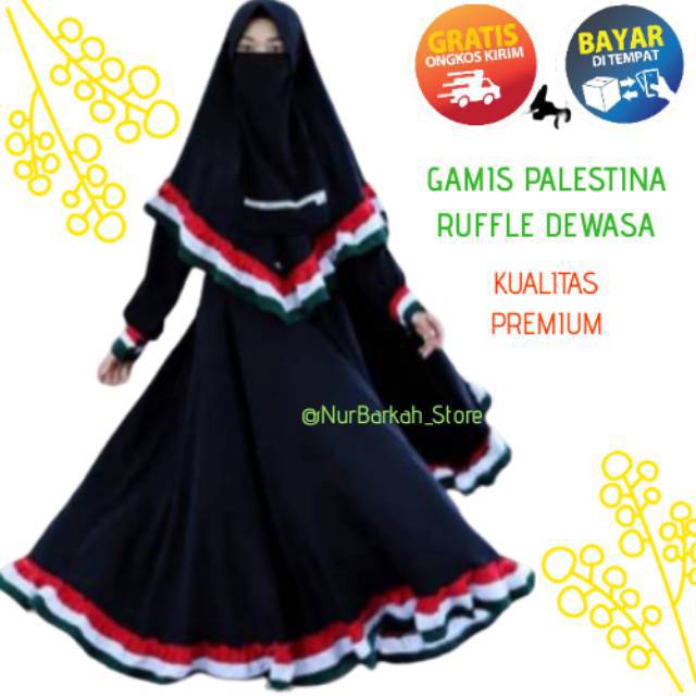 (COD) PREMIUM GAMIS SET PALESTINA RUFLE DEWASA WARNA HITAM GRATIS JILBAB PED & CADAR UKURAN XS,S,M,L