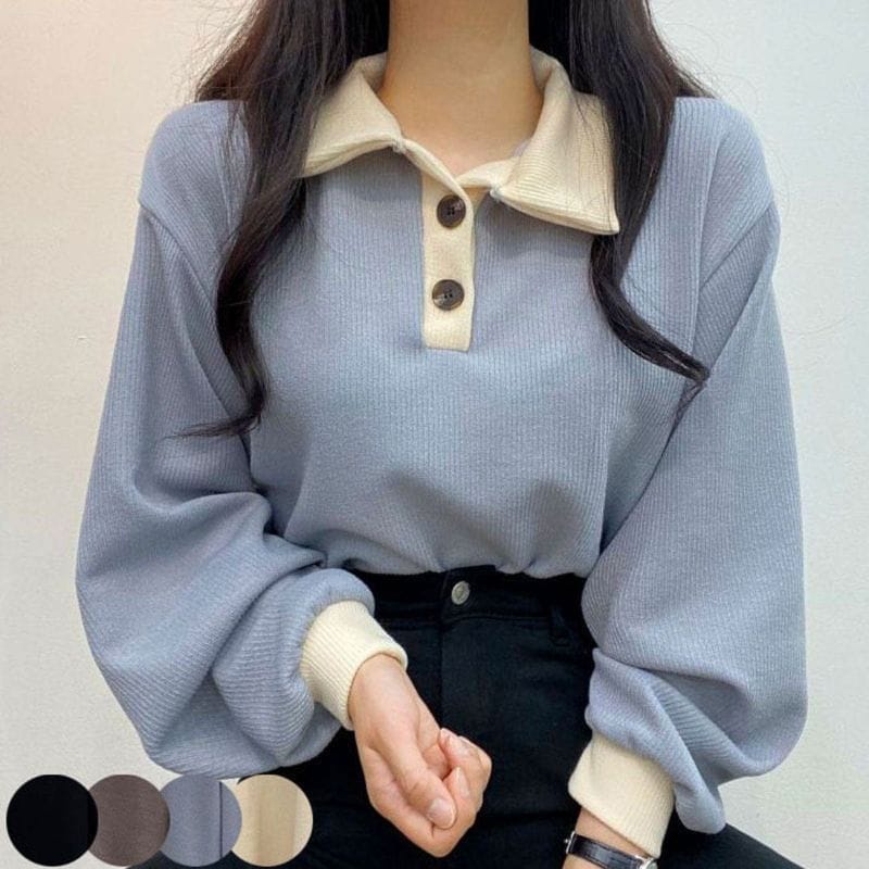 Sweater Wanita Collar Girl - Korean Style Colar Sweatshirt - Sweater Kerah Dengan Kancing Polos - Button Jane Fashion - Allsize - Bahan Fleece