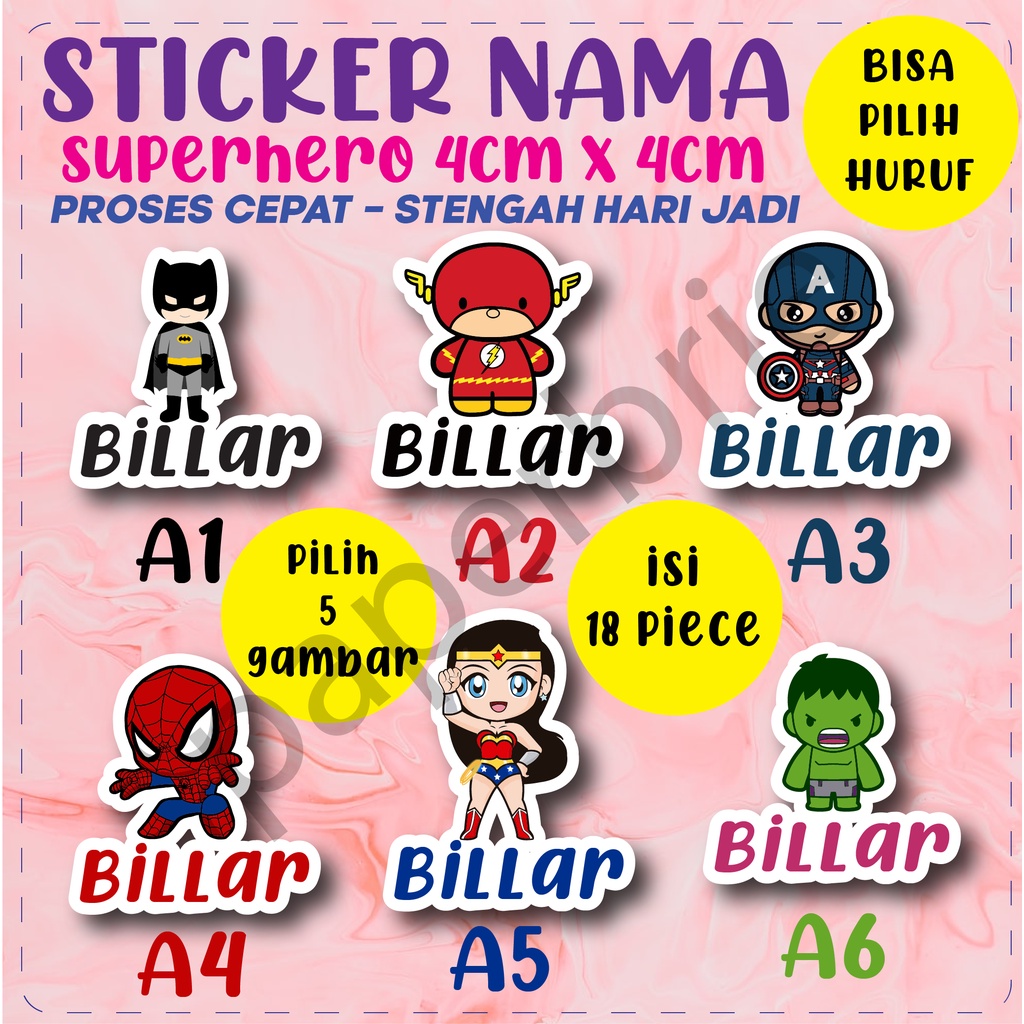 stiker nama anak superhero super hero label buku nama anak label anak lucu waterproof anti air