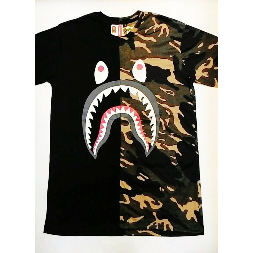 Tshirt Kaos Branded Pria Bape Half Army Black Camo Shark Bathing Ape High Quality