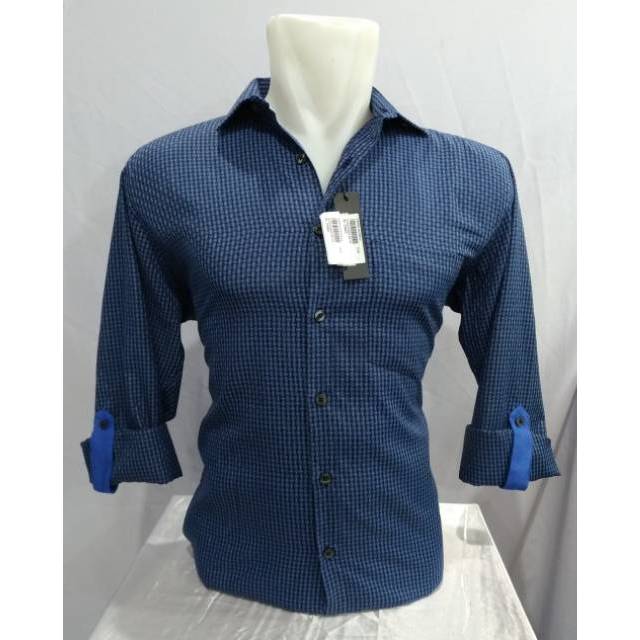 Kemeja Pria Sierra Morena Slimfit Panjang Biru Kotak Unik Kancing Lengan Casual