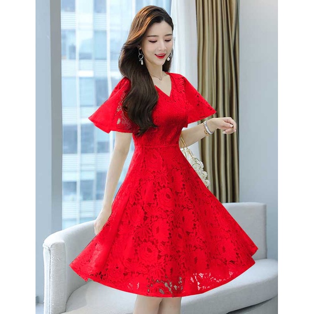 Dress wanita brukat merah dress wanita import gaun korea gaun pesta brokat baju terusan wanita elega