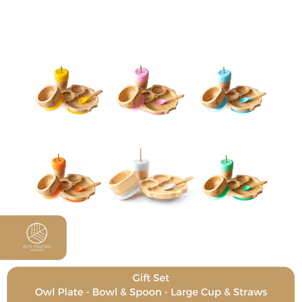 Eco Rascals Owl Gift Set | Suction Plate, Bowl, Spoon, Large Cup & 2 Straws