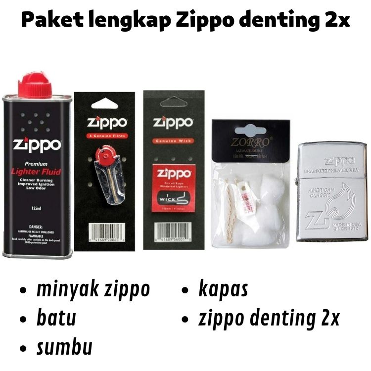 PAKET KOMPLIT KOREK API ZIPPO SILVER DENTING 2X