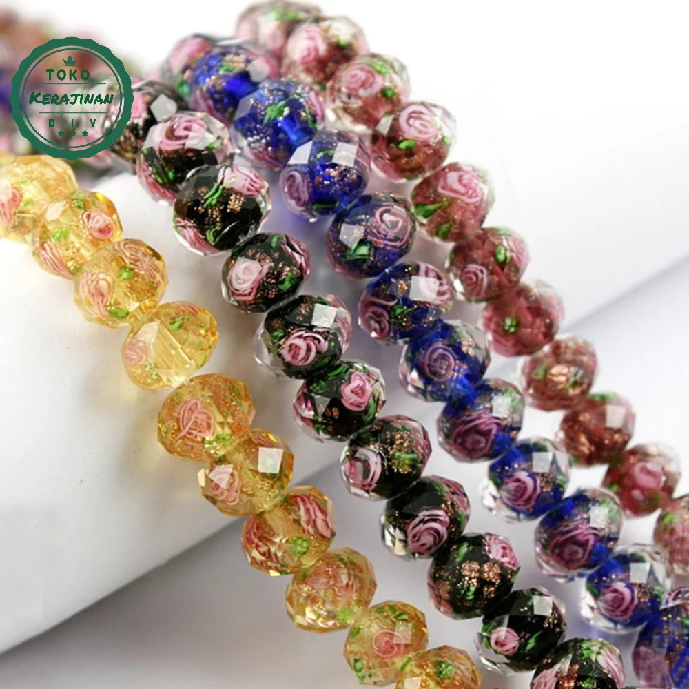 Manik Kristal Ceko Murano Lampwork Glasbeadsrose Crystal Ceko Bunga Bahan Gelang