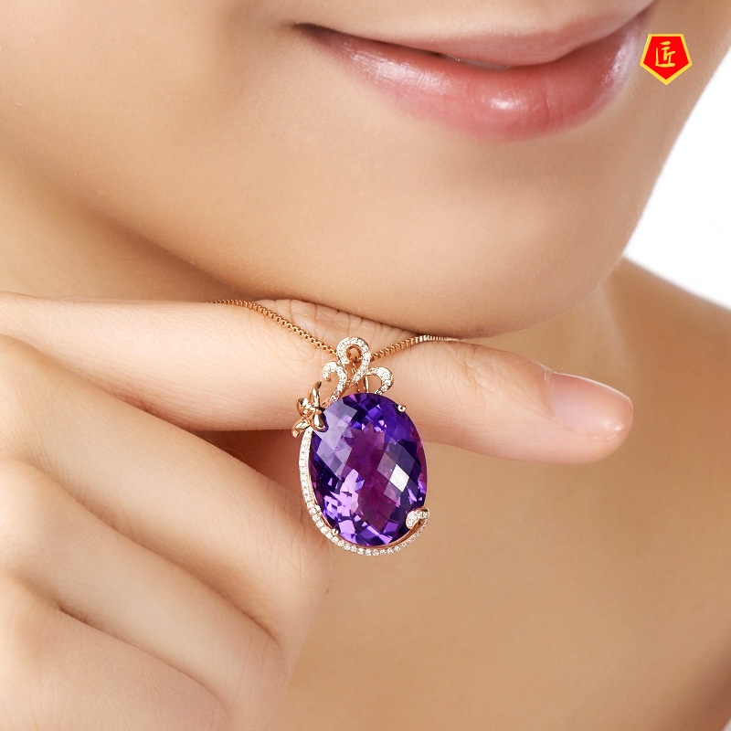 [Ready Stock]European and American Luxury Amethyst Pendant Inlaid Color Gemstone Necklace Women's Fashion