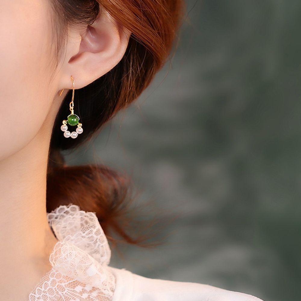 Needway Wanita Anting Harian Warna Solid Pesta Manik Hijau Mutiara Tembaga Temperamen Menjuntai Anting