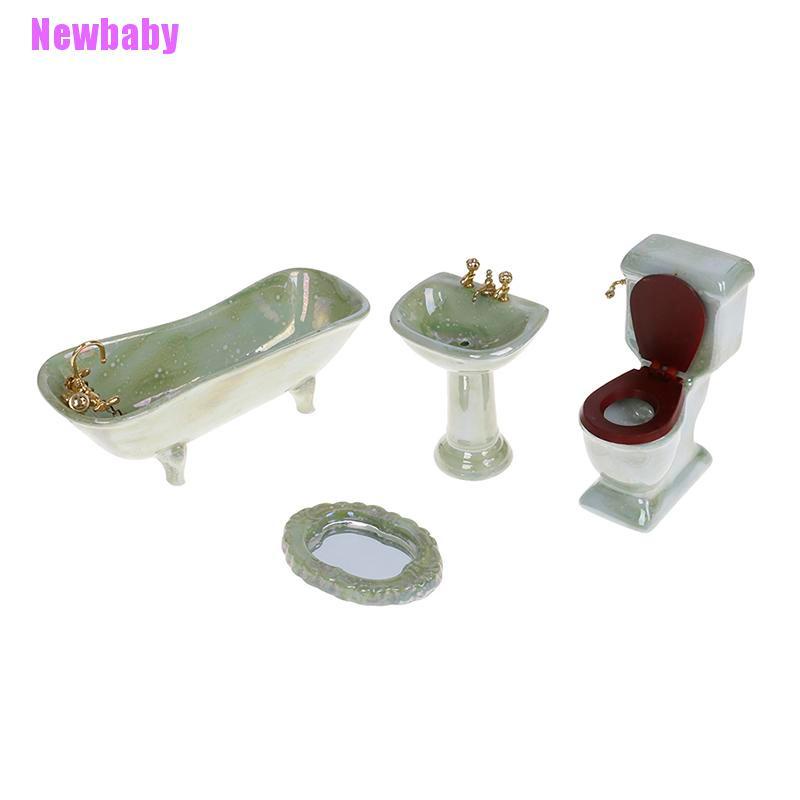 Newbaby Mainan Miniatur toilet + Wastafel Bahan Porselen Warna Hijau Untuk Aksesoris Rumah Boneka 1: 12