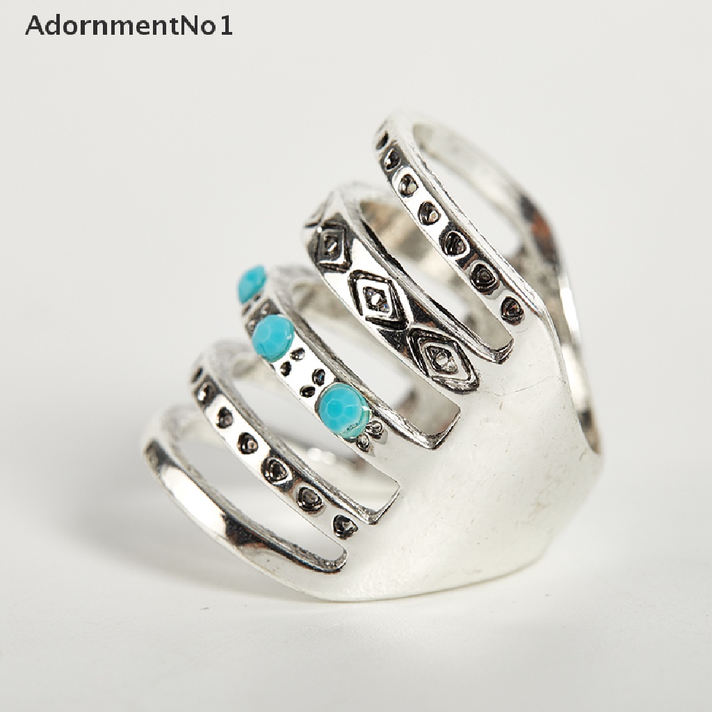 (AdornmentNo1) Cincin Silver Multilayer Gaya Bohemian Aksen Hollow + Turquoise Untuk Perhiasan Pria / Wanita