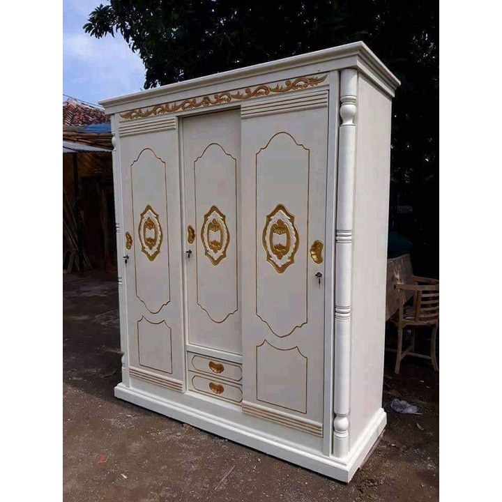 Lemari pakaian pintu sliding warna putih kayu jati furniture jepara