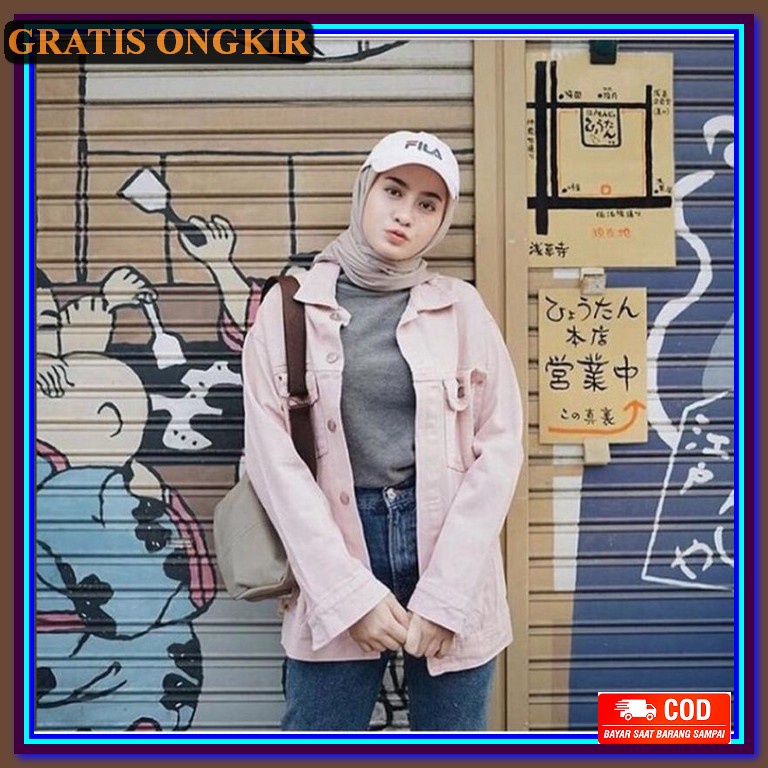 Jaket Denim Melar Stretch Big Jumbo Cewek Wanita Levis Oversize Pocket Jaket Jeans Baby Pink Peach