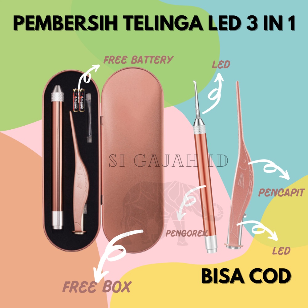 Pembersih Telinga Korek Kuping Ear Spoon Wax Picker with LED Light - Rose Gold