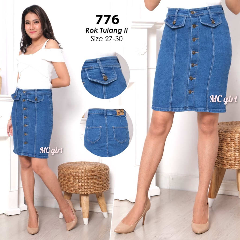 MC girl - Rok Jeans Tulang Full Kancing Depan Wanita / Rok Span Pendek Bukaan Kancing Depan Garis Cewek